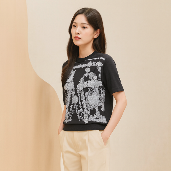 "Brides de Gala en Fleurs" Short-Sleeve Twillaine Sweater