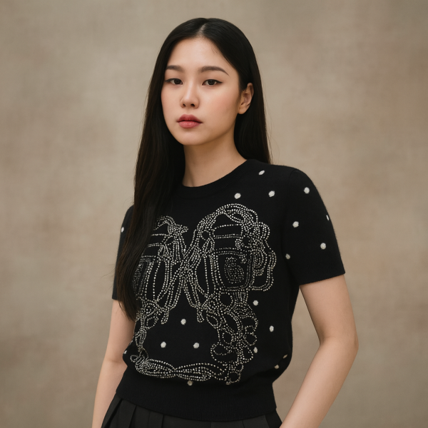 "Brides de Gala" Embroidered Short-Sleeve Sweater