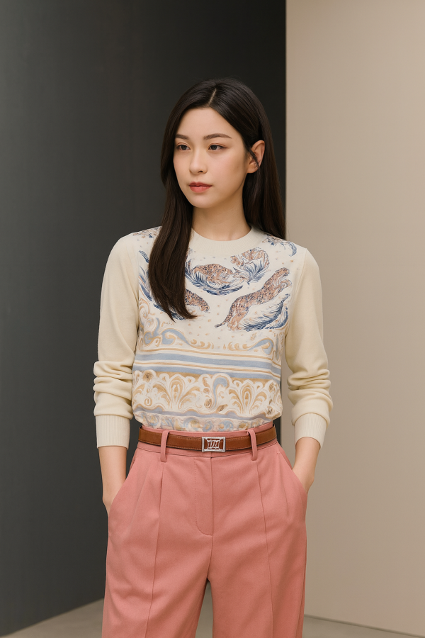 "Guepards et Palmettes" Long-Sleeve Twillaine Sweater