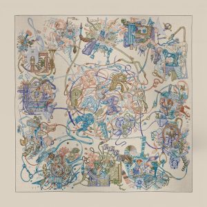 Shawl 140 Le Monde d'Hermès - Naturel / Bleu Pétrole / Vert