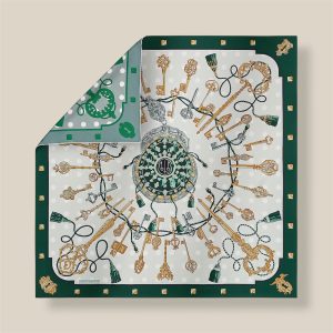 Scarf 90 Les Cles Double Face - Vert Sapin / Gris Perle / Vieil Or