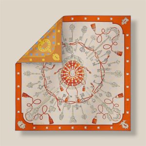 Scarf 90 Les Cles Double Face - Orange Cuit / Beige Nacre / Jaune