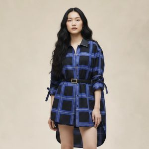 "Carreaux a Main Levee" Mixed Leather Details Drawstring Shirt - Bleu Noir, 34
